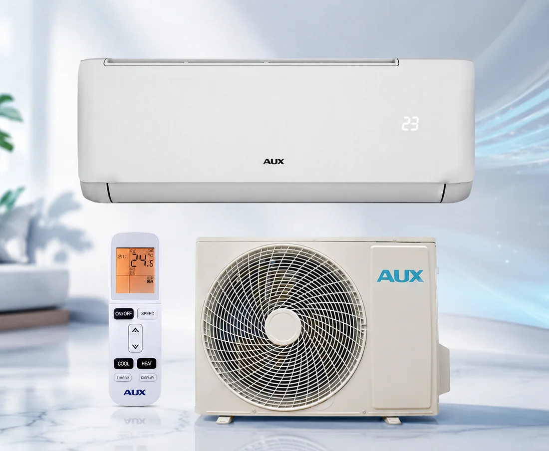 AUX Q Series wall-mounted inverter air conditioner with matching outdoor unit and remote control