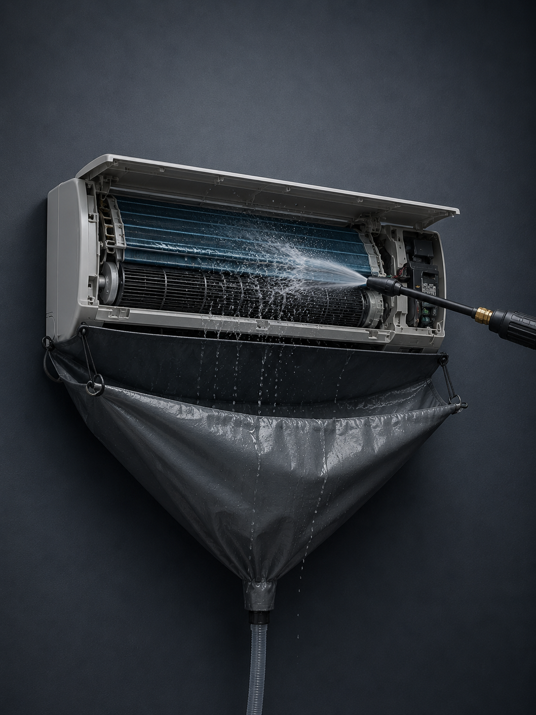 Indoor split air conditioner being deep cleaned with a high-pressure spray and drip collection bag