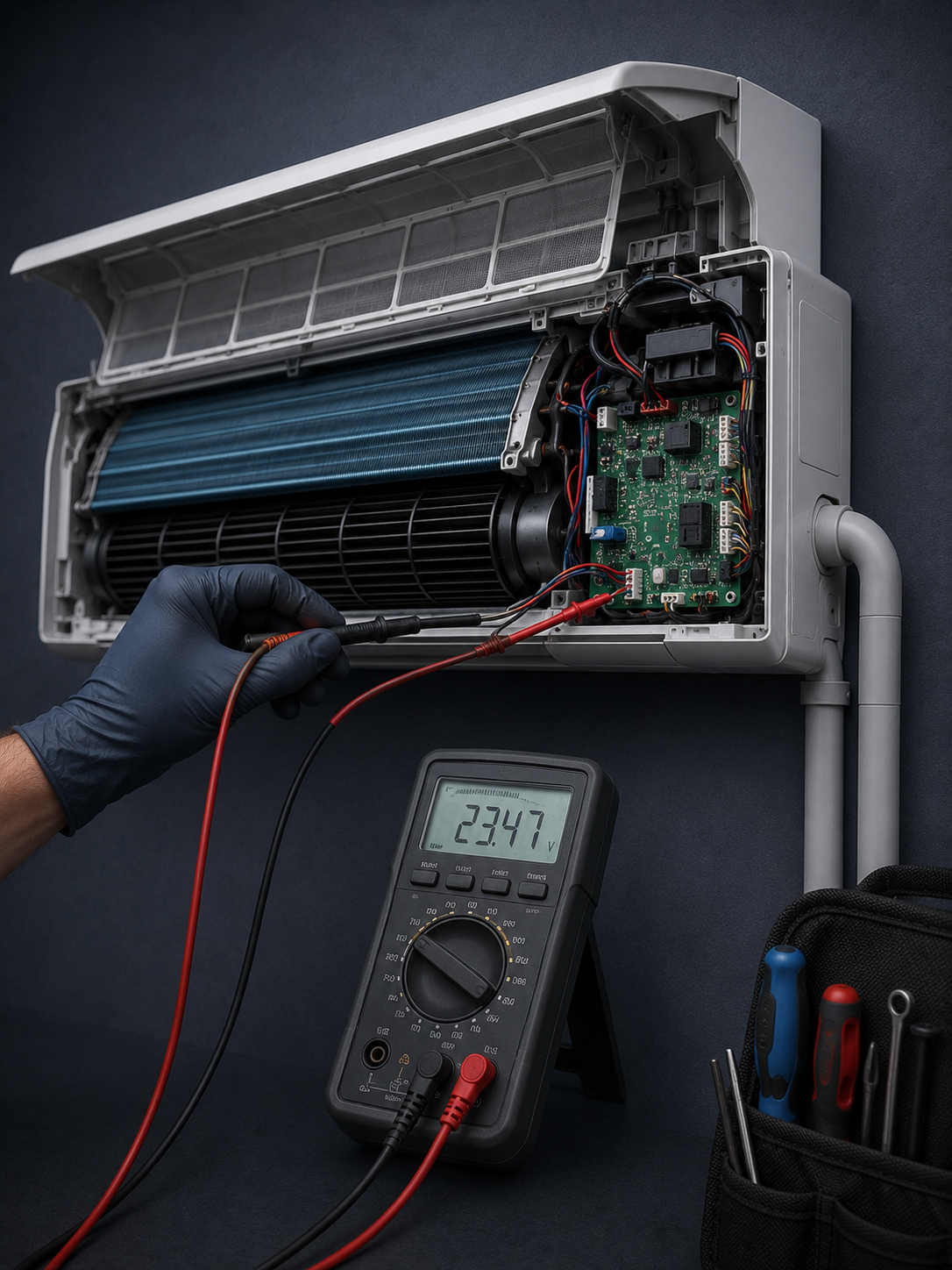 Technician using a multimeter to diagnose the circuit board of an open split air conditioner